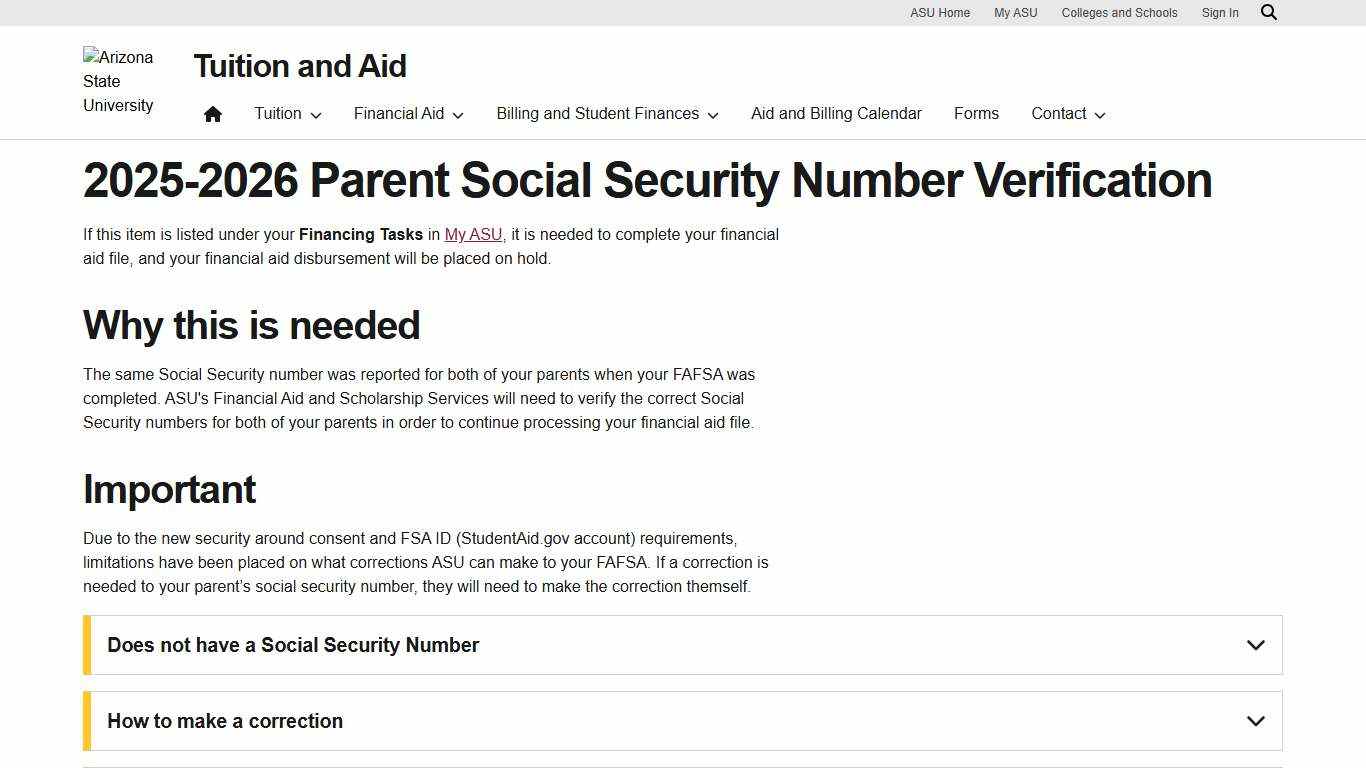2025-2026 Parent Social Security Number Verification Tuition ASU